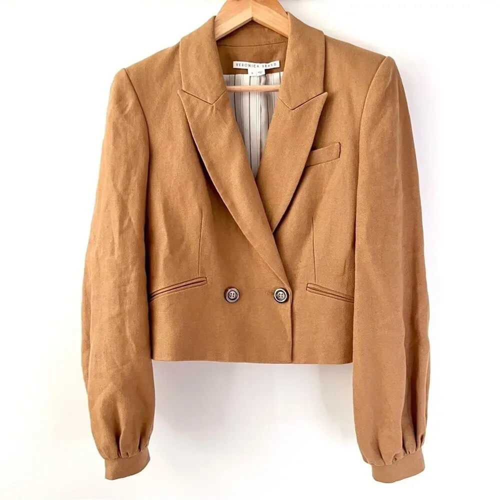 VERONICA BEARD | Milani Cropped Linen Blazer Camel Tan Jacket Size 8 - Picture 6 of 13